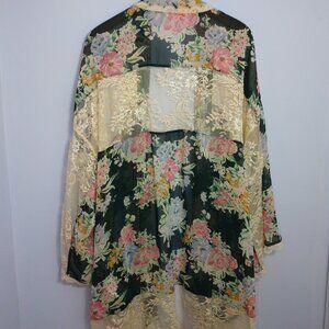 Laurie Felt Floral Lace Kimono Cover-Up Duster Bohemian Layering XL Satin